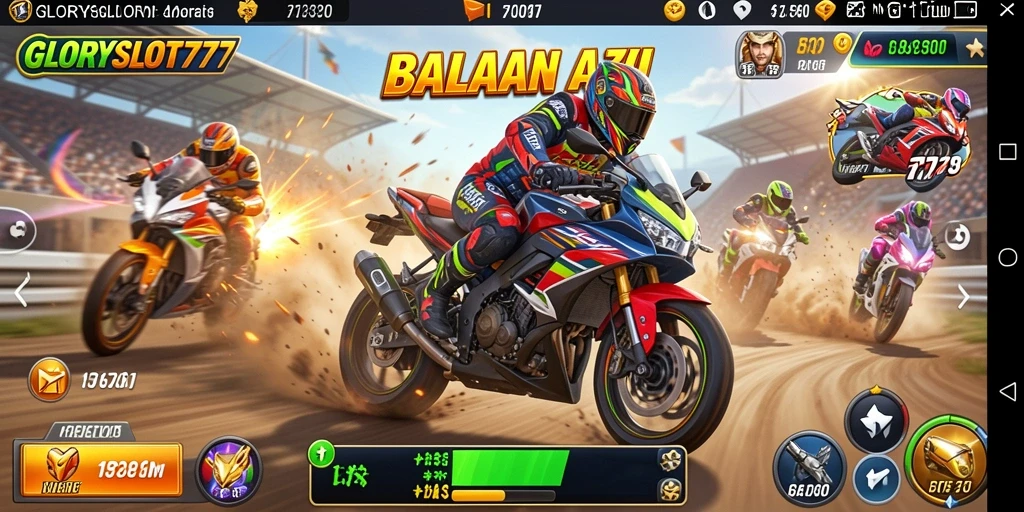 Tampilan gameplay GLORYSLOT777 dengan motor-balapan yang penuh aksi.