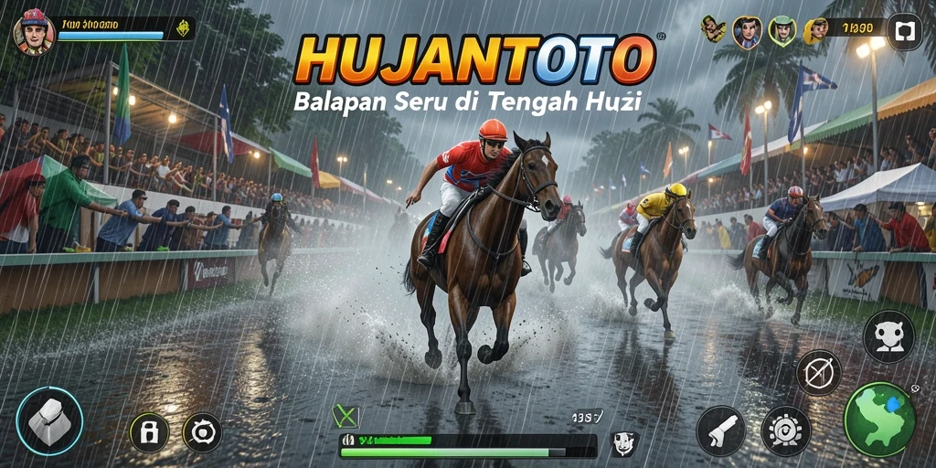 Screenshot utama HUJANTOTO menampilkan balapan dramatis di tengah hujan.