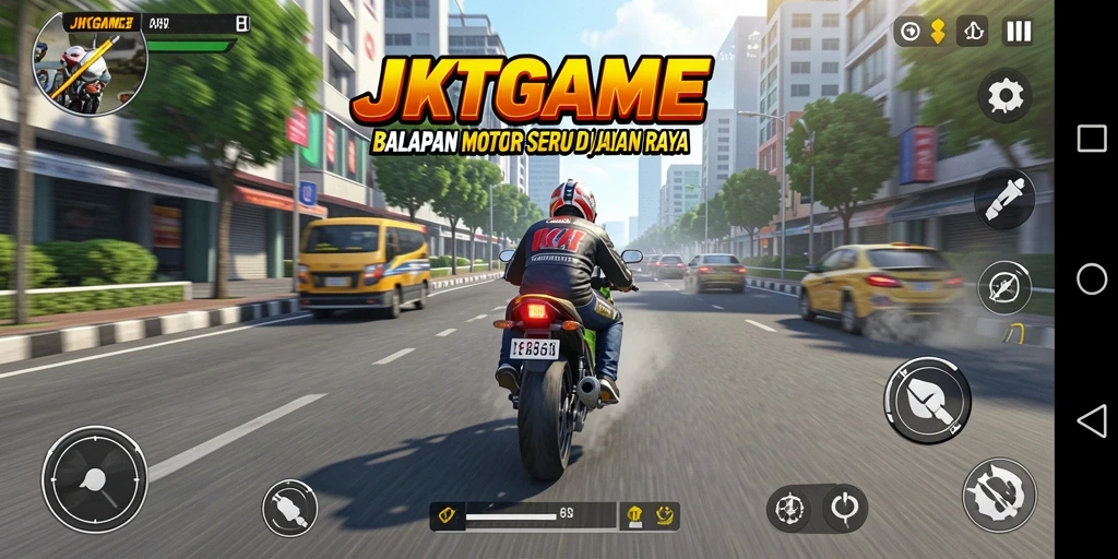 Screenshot JKTGAME menunjukkan aksi balapan motor yang mendebarkan.