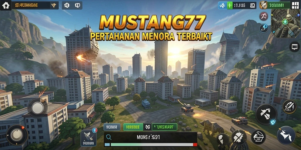 Skrinsut gameplay <strong>MUSTANG77</strong> saat menghadapi gelombang musuh dalam Tower Defense.