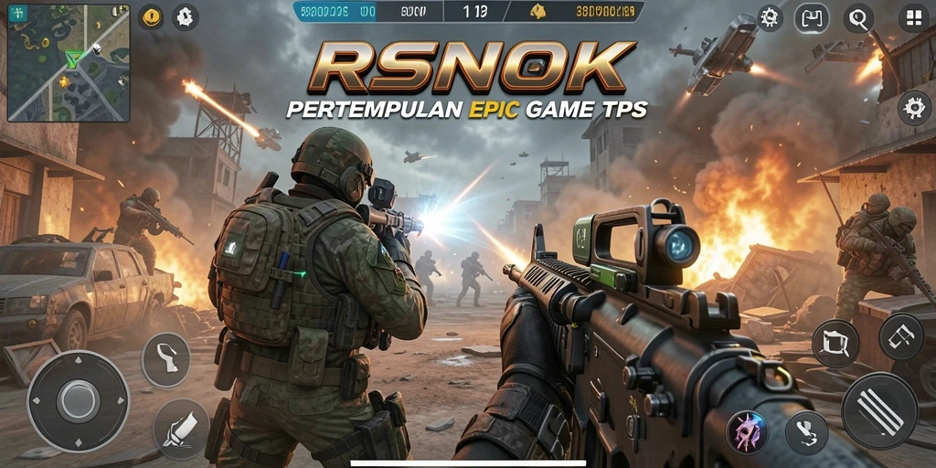 Screenshot utama RSNOK menampilkan aksi pertempuran yang mendebarkan dalam game TPS.