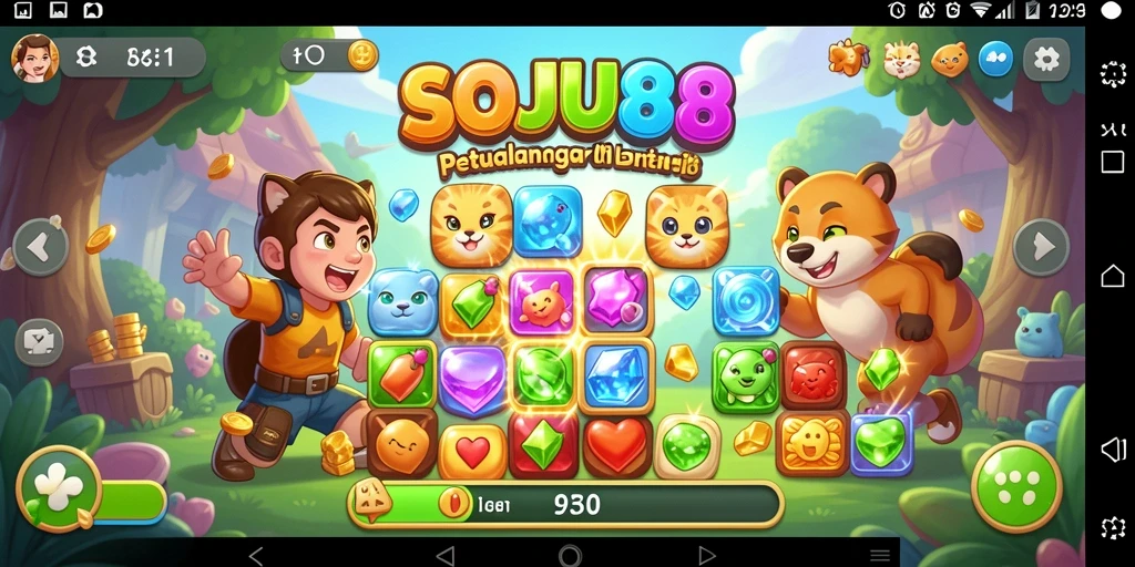 Tangkapan layar gameplay SOJU88 yang menampilkan momen seru dari permainan Match-3.