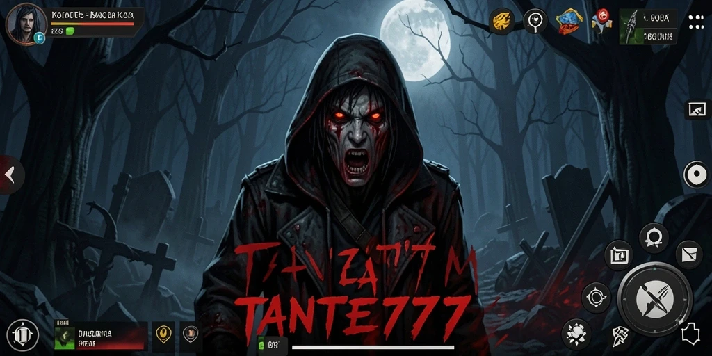 Screenshot gameplay TANTE777 menampilkan situasi menegangkan di dalam kegelapan.